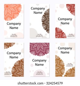 Set of six business cards. Vintage pattern in retro style with mandala. Hand drawn Islam, Arabic, Indian, lace pattern