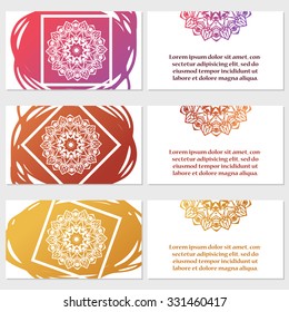 Set of six business cards. Vintage pattern in retro style with mandala. Hand drawn Islam, Arabic, Indian, lace pattern