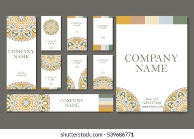 Set of six business cards. Vintage pattern in retro style with mandala. Hand drawn Islam, Arabic, Indian, lace pattern