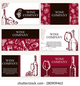 Set of six business cards. Wine company. Restaurant theme. Vector illustration.