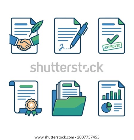 A set of six business document icons in flat line style showing contract agreements with handshakes and pens approved files with checkmarks certificate scrolls file folders and financial charts
