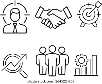 A set of six business icons rendered in a simple black line art style. The collection illustrates key concepts like targeting, teamwork, goal-setting, and performance analysis.