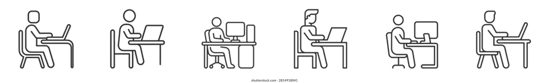 set of six business people working at desks with computers line icons on transparent background