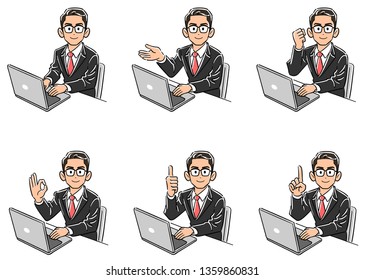 Set of six businessmen with glasses pointing the face to the front while operating the computer