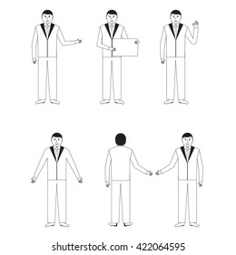 Set of six businessmen for presentation and description of business products. Isolated background, black and white silhouettes.