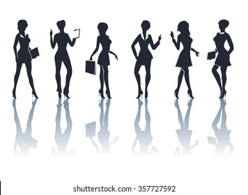 Set of six businesswomen silhouettes with accessories and shadows. Isolated on white.