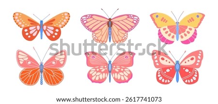Set of six butterflies in pink, red colors of different shapes, patterns of simple design with spread wings in flight. Vector cute illustration on white isolated background for children's postcard.
