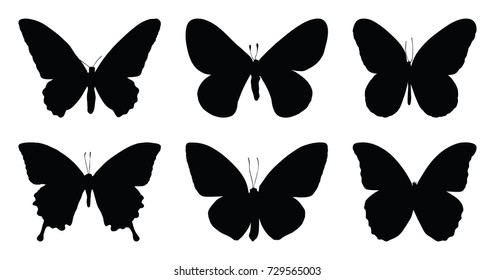 Set of six butterfly icon isolated on white background with clipping path, black wings tattoo insects vector brushes.