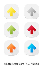 The set of six buttons with various color arrows / The set of arrow icons / The arrow pictogram