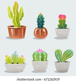 Conjunto de seis cactus en maceta de flores. Plantas domésticas. Ilustración vectorial