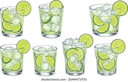Conjunto de seis ilustrações do coquetel caipirinha com cubos de gelo e fatias de limão em óculos claros. Desenhos em aquarela de bebidas brasileiras com enfeite de gelo e cal esmagado ou cubado