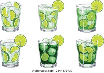 Conjunto de seis ilustrações do coquetel caipirinha com cubos de gelo e fatias de limão em óculos claros. Desenhos em aquarela de bebidas brasileiras com enfeite de gelo e cal esmagado ou cubado