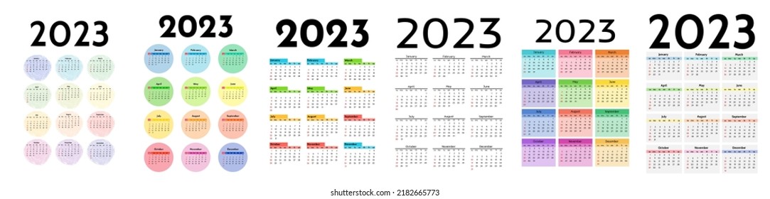 Set of six calendars for 2023 isolated on a white background. Sunday to Monday, business template. Vector illustration