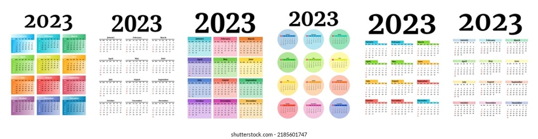 Set von sechs Kalender für 2023 einzeln auf weißem Hintergrund. Von Sonntag bis Montag, Geschäftsvorlage. Vektorgrafik