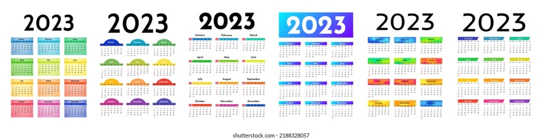 Conjunto de seis calendarios para 2023 aislados en un fondo blanco. De domingo a lunes, plantilla de negocios. Ilustración del vector