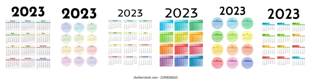 Set of six calendars for 2023 isolated on a white background. Sunday to Monday, business template. Vector illustration