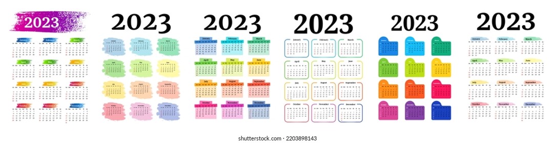Conjunto de seis calendarios para 2023 aislados en un fondo blanco. De domingo a lunes, plantilla de negocios. Ilustración del vector