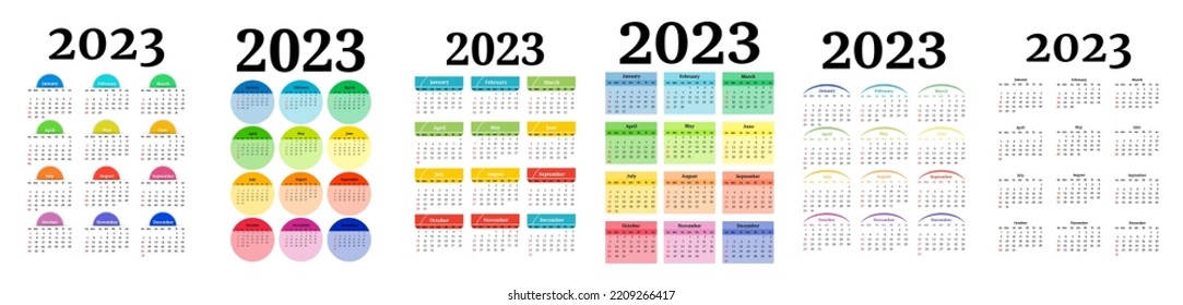 Set of six calendars for 2023 isolated on a white background. Sunday to Monday, business template. Vector illustration
