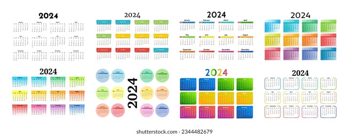 Conjunto de seis calendarios para 2024 aislados en un fondo blanco. De domingo a lunes, plantilla de negocios. Ilustración del vector
