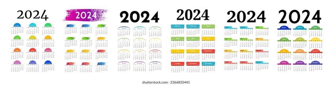 Set of six calendars for 2024 isolated on a white background. Sunday to Monday, business template. Vector illustration