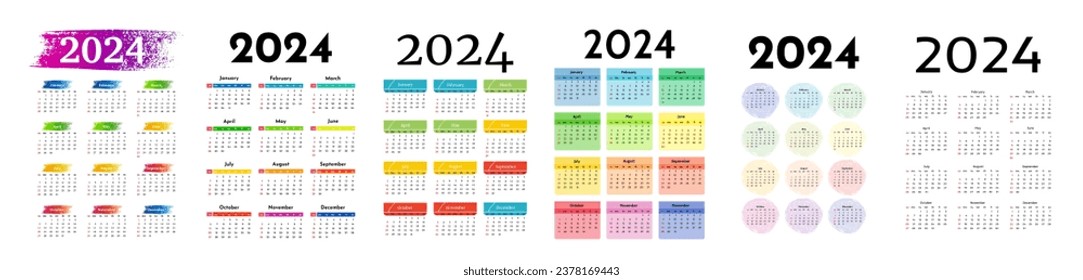 Set of six calendars for 2024 isolated on a white background. Sunday to Monday, business template. Vector illustration