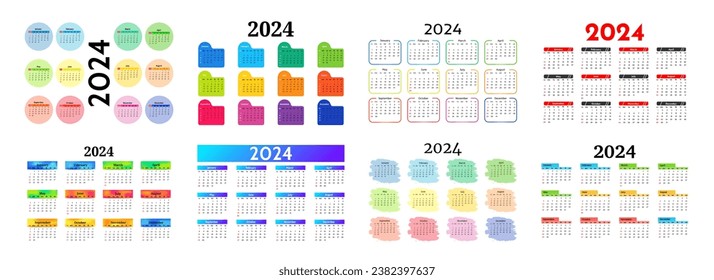 Set of six calendars for 2024 isolated on a white background. Sunday to Monday, business template. Vector illustration