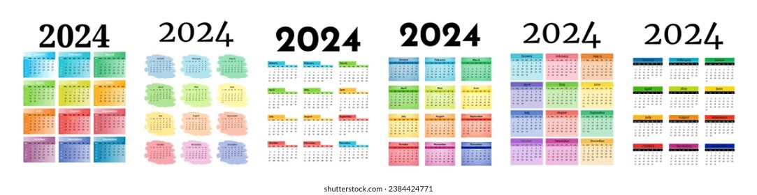 Set of six calendars for 2024 isolated on a white background. Sunday to Monday, business template. Vector illustration