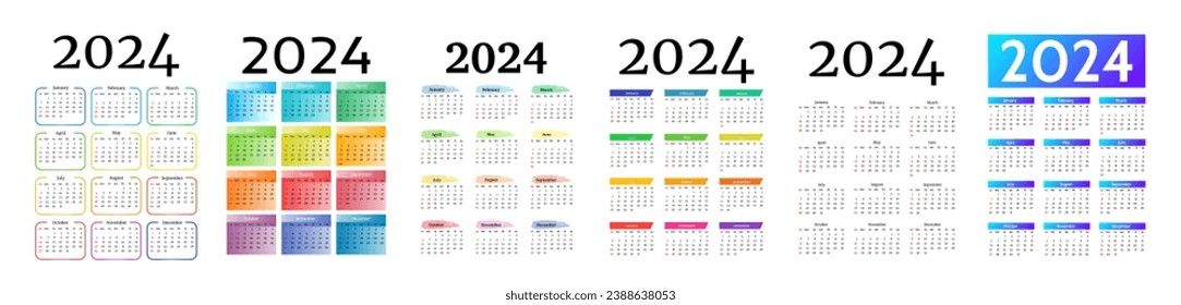 Conjunto de seis calendarios para 2024 aislados en un fondo blanco. De domingo a lunes, plantilla de negocios. Ilustración del vector