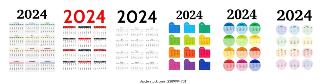 Conjunto de seis calendarios para 2024 aislados en un fondo blanco. De domingo a lunes, plantilla de negocios. Ilustración del vector