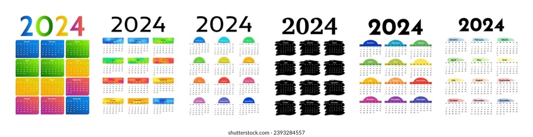 Conjunto de seis calendarios para 2024 aislados en un fondo blanco. De domingo a lunes, plantilla de negocios. Ilustración del vector