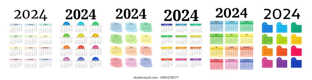 Set of six calendars for 2024 isolated on a white background. Sunday to Monday, business template. Vector illustration