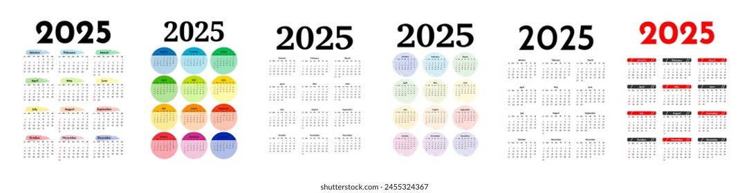 Set of six calendars for 2025 isolated on a white background. Sunday to Monday, business template. Vector illustration