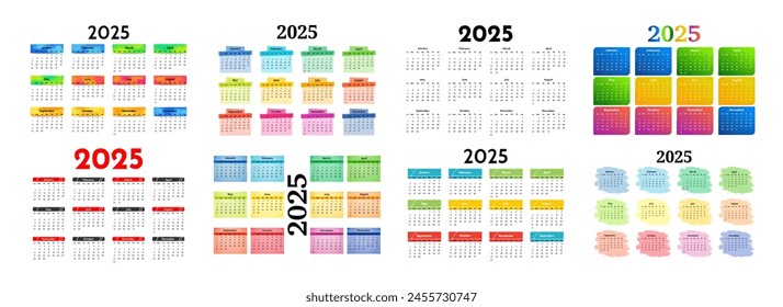 Set of six calendars for 2025 isolated on a white background. Sunday to Monday, business template. Vector illustration