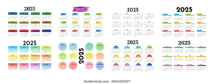 Set of six calendars for 2025 isolated on a white background. Sunday to Monday, business template. Vector illustration