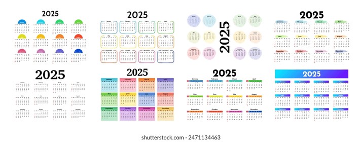 Set of six calendars for 2025 isolated on a white background. Sunday to Monday, business template. Vector illustration