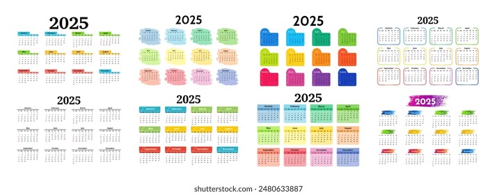 Set of six calendars for 2025 isolated on a white background. Sunday to Monday, business template. Vector illustration