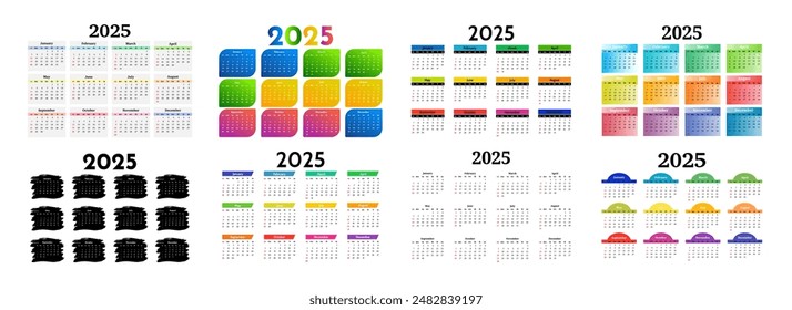 Set of six calendars for 2025 isolated on a white background. Sunday to Monday, business template. Vector illustration