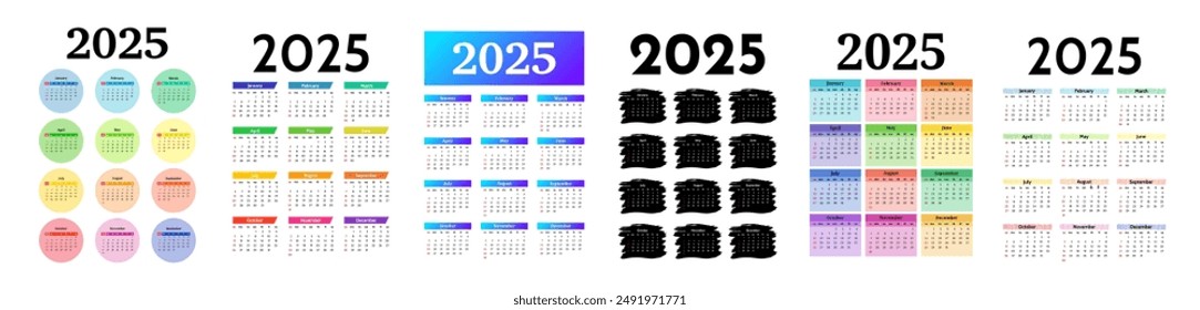 Set of six calendars for 2025 isolated on a white background. Sunday to Monday, business template. Vector illustration