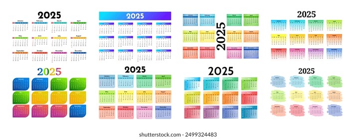 Set of six calendars for 2025 isolated on a white background. Sunday to Monday, business template. Vector illustration