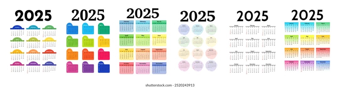 Conjunto de seis calendários para 2025 isolado em um fundo branco. De domingo a segunda-feira, modelo de negócios. Ilustração vetorial