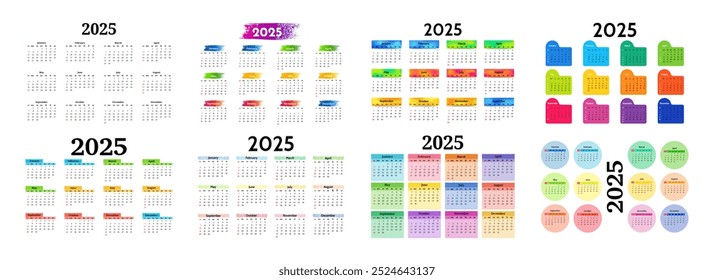 Conjunto de seis calendarios para 2025 aislados sobre un fondo blanco. De domingo a lunes, Plantilla de negocios. Ilustración vectorial