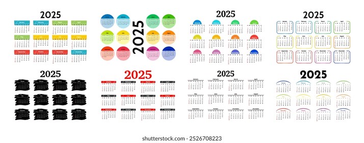 Conjunto de seis calendários para 2025 isolado em um fundo branco. De domingo a segunda-feira, modelo de negócios. Ilustração vetorial