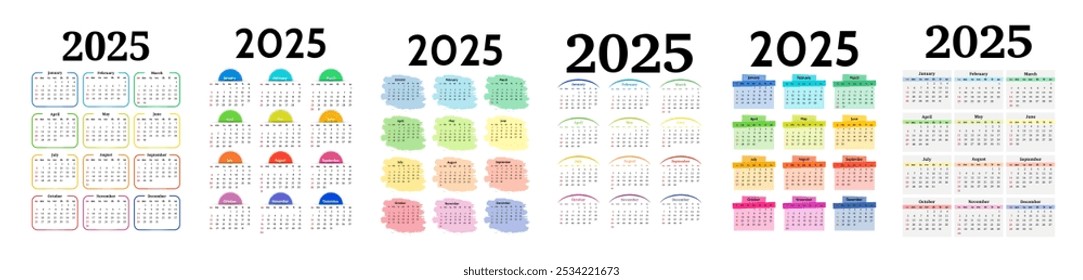 Conjunto de seis calendários para 2025 isolado em um fundo branco. De domingo a segunda-feira, modelo de negócios. Ilustração vetorial