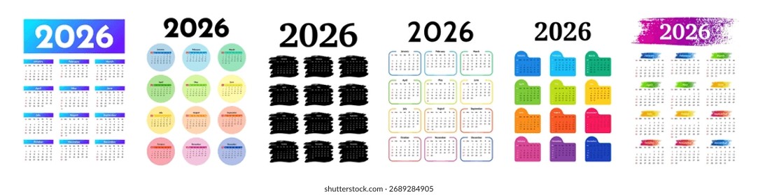 Set of six calendars for 2026 isolated on a white background. Sunday to Monday, business template. Vector illustration