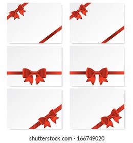 set of six card with red gift bow with ribbons, vector