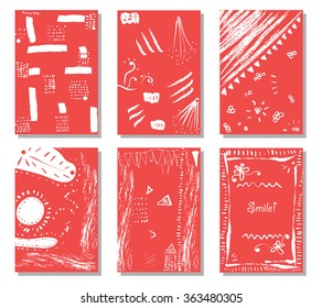 Set of six card templates. Hand drawn floral textures. Invitations, business card template, postcards
