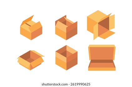 Set of six cardboard boxes opening and closing, isometric view, packaging concept