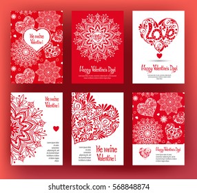Set of six cards or banners for Valentine's Day with ornate red love hearts and beautiful design elements and inscriptions. Stock vector.