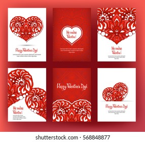 Set of six cards or banners for Valentine's Day with ornate red love hearts and beautiful design elements and inscriptions. Stock vector.
