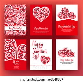 Set of six cards or banners for Valentine's Day with ornate red love hearts and beautiful design elements and inscriptions. Stock vector.